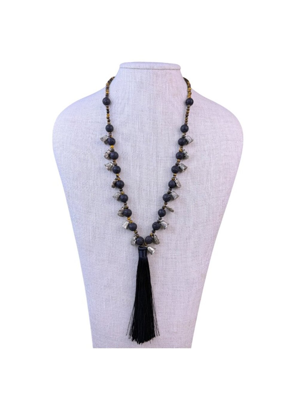 Statement Necklace Womens Black Lava Beads Silver-Tone Cat Charms Long Tassel